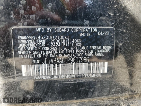 2023 Subaru WRX with VIN JF1VBAA61P9807986, listed as a Copart auction lot 49734655 with 26,908 mi miles and Salvage title. Bid and sale history available at DreamBid. Image 12.