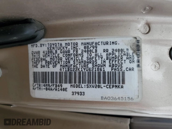 2000 Toyota Camry CE with VIN 4T1BG22K1YU621861, listed as a Copart auction lot 51611275 with 153,153 mi miles and Salvage Title. Bid and sale history available at carsss.com. Image 11.