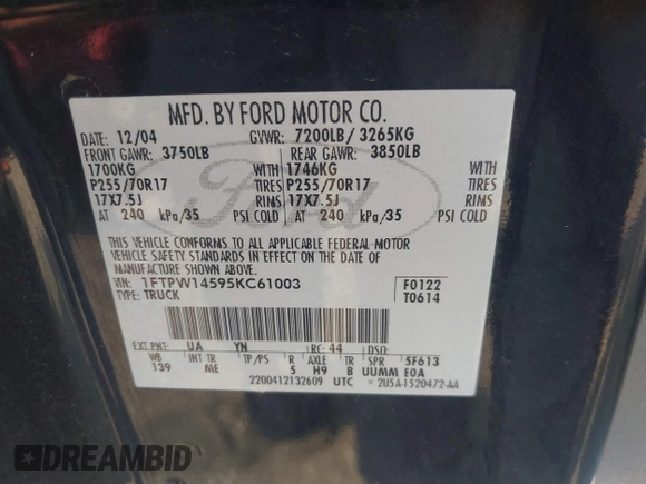 2005 Ford F-150 XLT с VIN 1FTPW14595KC61003, выставлен на аукционе IAAI как лот 42602965 с пробегом 188 031 миль миль и . История ставок и продаж доступна на DreamBid. Изображение 9.