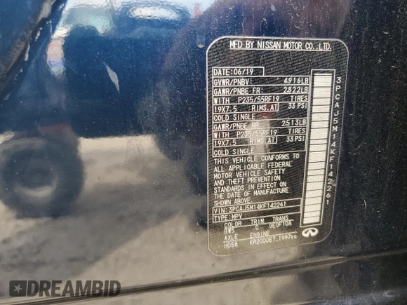2019 Infiniti QX50 Luxe with VIN 3PCAJ5M14KF142261, listed as a Copart auction lot 55122875 with 125,200 mi miles and Salvage title. Bid and sale history available at DreamBid. Image 14.