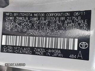 2011 Toyota Prius I with VIN JTDKN3DU9B1403223, listed as a IAAI auction lot 42171753 with 47,928 mi miles and . Bid and sale history available at DreamBid. Image 9.