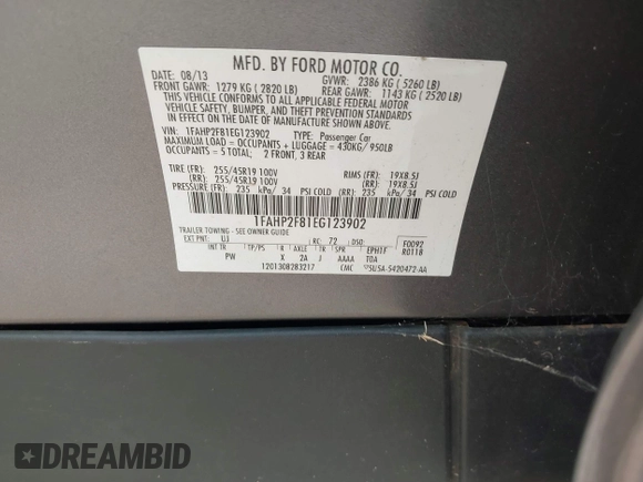 2014 Ford Taurus Limited with VIN 1FAHP2F81EG123902, listed as a IAAI auction lot 42345275 with 152,673 mi miles and . Bid and sale history available at DreamBid. Image 9.