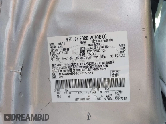 2012 Ford Escape Limited with VIN 1FMCU9EG9CKC77651, listed as a IAAI auction lot 41659801 with Not Provided miles and . Bid and sale history available at DreamBid. Image 9.