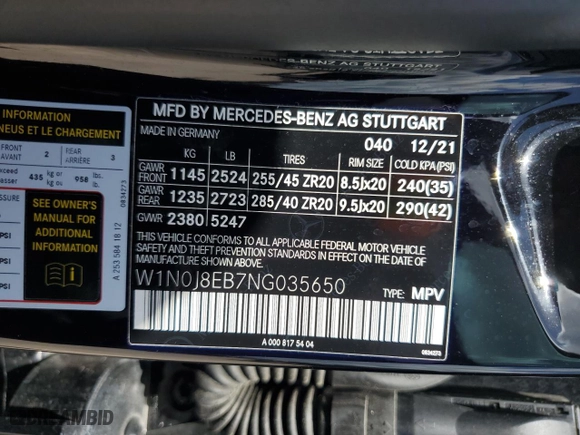 2022 Mercedes-Benz GLC with VIN W1N0J8EB7NG035650, listed as a Copart auction lot 58126774 with 34,395 mi miles and Salvage Title. Bid and sale history available at carsss.com. Image 13.
