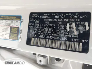2017 Hyundai Tucson SE with VIN KM8J23A45HU343355, listed as a IAAI auction lot 41864766 with 115,931 mi miles and . Bid and sale history available at DreamBid. Image 9.
