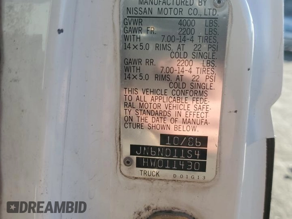 1987 Nissan Hardbody E z VIN JN6ND11S4HW011430, wystawiony jako Copart lot #81785214 z przebiegiem 334 566 mil mil oraz Tytuł czysty. Historia ofert i sprzedaży dostępna na DreamBid. Obrazek 12.