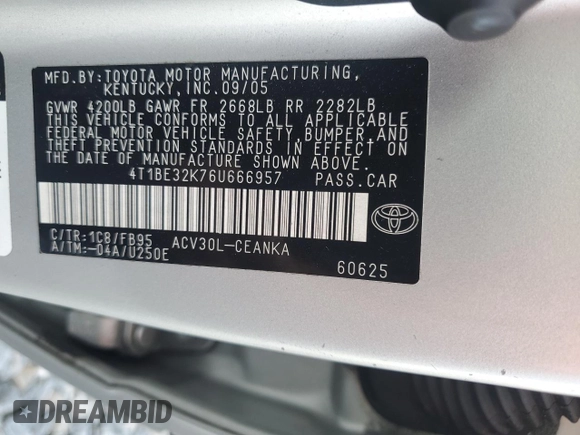 2006 Toyota Camry STD with VIN 4T1BE32K76U666957, listed as a Copart auction lot 51637265 with 303,409 mi miles and Salvage Title. Bid and sale history available at DreamBid. Image 12.
