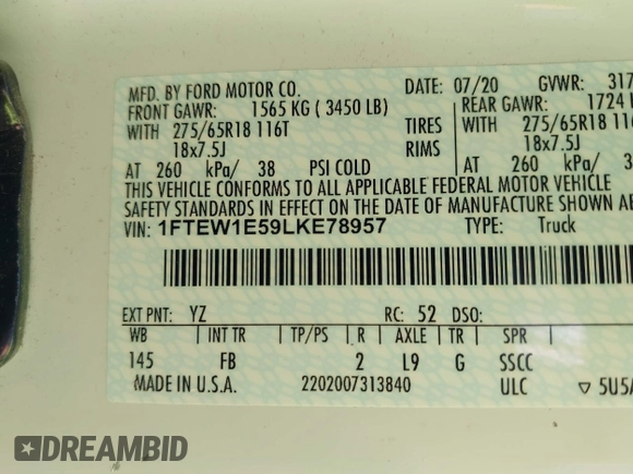 2020 Ford F-150 XL with VIN 1FTEW1E59LKE78957, listed as a IAAI auction lot 42021245 with 92,322 mi miles and . Bid and sale history available at DreamBid. Image 9.