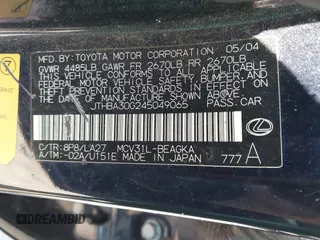 2004 Lexus ES 350 with VIN JTHBA30G245049065, listed as a IAAI auction lot 42724730 with 299,844 mi miles and . Bid and sale history available at DreamBid. Image 9.