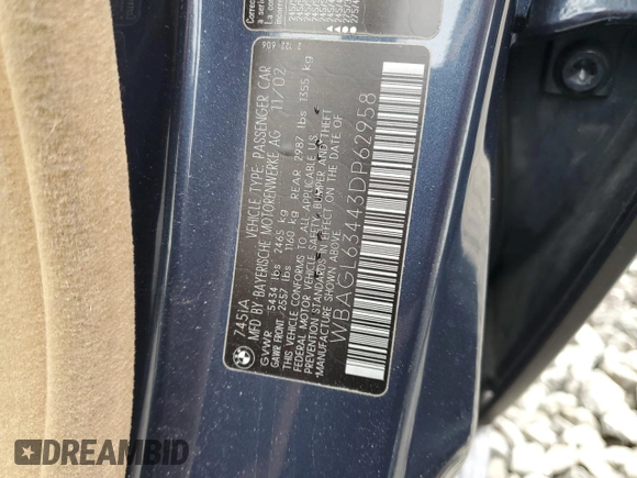2003 BMW 7 Series 745i with VIN WBAGL63443DP62958, listed as a Copart auction lot 43346805 with 76,468 mi miles and Salvage title. Bid and sale history available at DreamBid. Image 12.