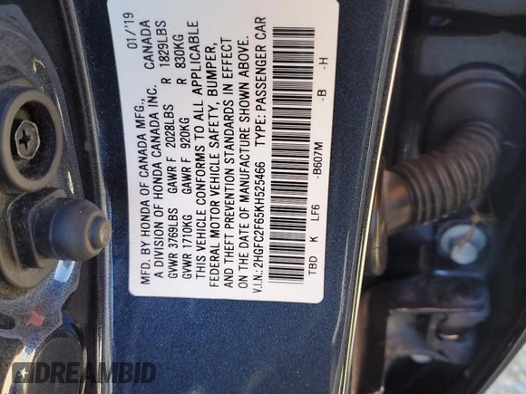 2019 Honda Civic Sedan LX with VIN 2HGFC2F65KH525466, listed as a Copart auction lot 49464965 with 76,506 mi miles and Salvage Title. Bid and sale history available at carsss.com. Image 14.