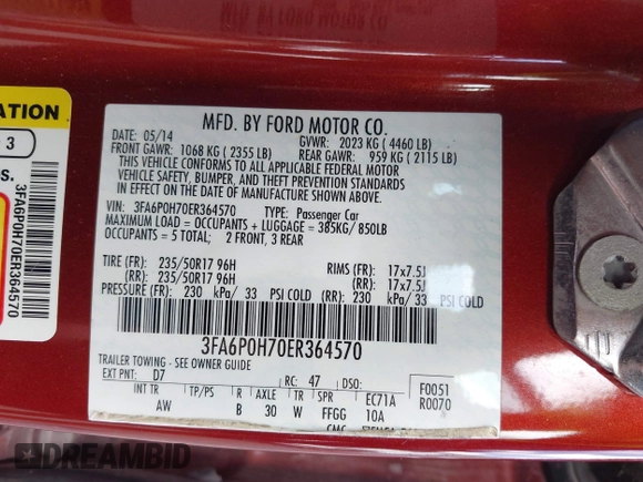 2014 Ford Fusion SE with VIN 3FA6P0H70ER364570, listed as a IAAI auction lot 42147544 with 107,060 mi miles and . Bid and sale history available at DreamBid. Image 9.