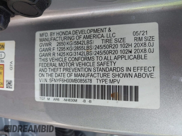2021 Honda Pilot Elite with VIN 5FNYF6H00MB085678, listed as a IAAI auction lot 41783075 with Not Provided miles and . Bid and sale history available at DreamBid. Image 9.