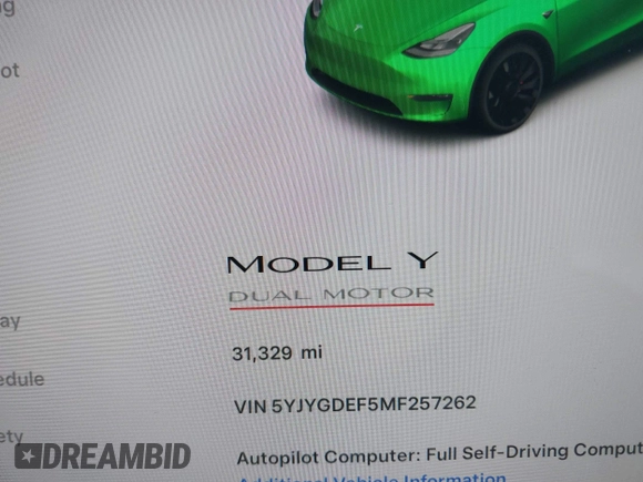 2021 Tesla Model Y Performance with VIN 5YJYGDEF5MF257262, listed as a IAAI auction lot 41721311 with 31,329 mi miles and . Bid and sale history available at DreamBid. Image 15.