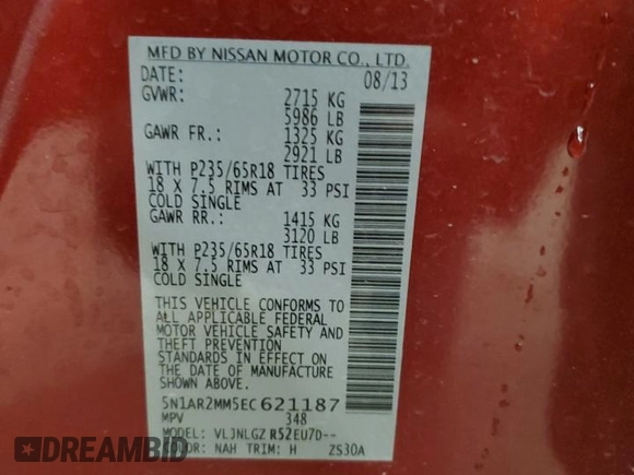 2014 Nissan Pathfinder SL with VIN 5N1AR2MM5EC621187, listed as a Copart auction lot 53476935 with 226,353 mi miles and Salvage Title. Bid and sale history available at carsss.com. Image 15.