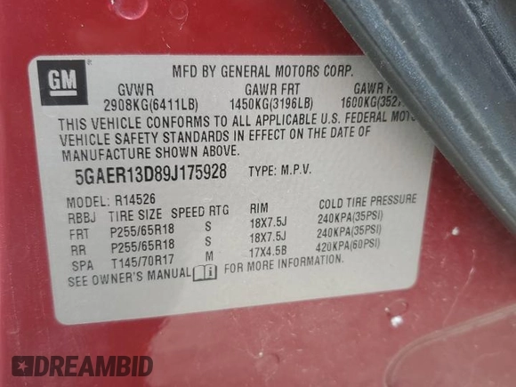 2009 Buick Enclave CX with VIN 5GAER13D89J175928, listed as a Copart auction lot 73417714 with 190,399 mi miles and Salvage Title. Bid and sale history available at DreamBid. Image 15.