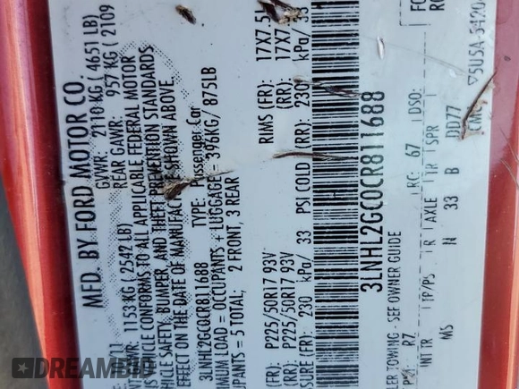 2012 Lincoln MKZ with VIN 3LNHL2GC0CR811688, listed as a Copart auction lot 57480275 with 99,681 mi miles and Salvage title. Bid and sale history available at DreamBid. Image 13.