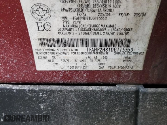 2013 Ford Taurus SEL with VIN 1FAHP2H81DG115553, listed as a Copart auction lot 51430945 with 157,548 mi miles and Salvage Title. Bid and sale history available at DreamBid. Image 12.