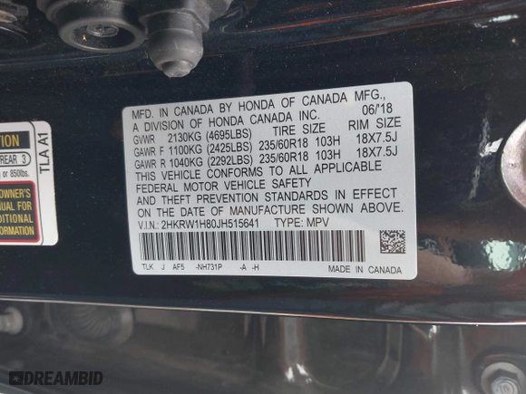2018 Honda CR-V EX-L with VIN 2HKRW1H80JH515641, listed as a IAAI auction lot 41485277 with 44,152 mi miles. Bid and sale history available at carsss.com. Image 9.