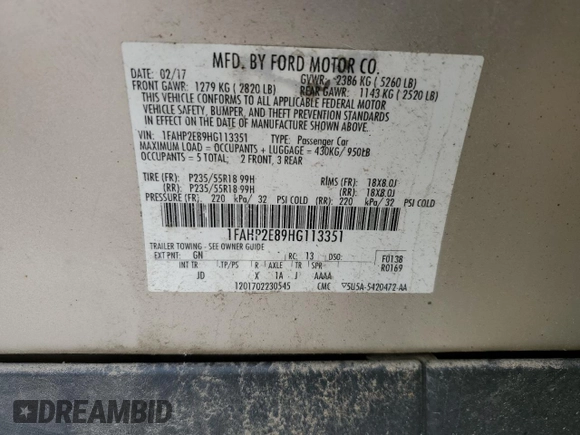 2017 Ford Taurus SEL with VIN 1FAHP2E89HG113351, listed as a Copart auction lot 59891205 with 110,583 mi miles and Salvage title. Bid and sale history available at DreamBid. Image 12.