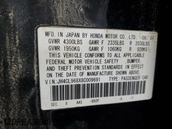 2008 Acura TSX with VIN JH4CL968X8C009691, listed as a Copart auction lot 54417155 with 270,806 mi miles and Salvage title. Bid and sale history available at DreamBid. Image 13.