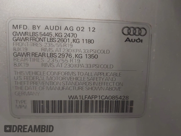 2012 Audi Q5 2.0T Premium Plus with VIN WA1LFAFP1CA085428, listed as a IAAI auction lot 41538092 with 1 mi miles. Bid and sale history available at carsss.com. Image 9.