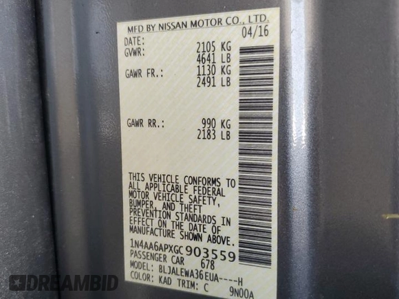 2016 Nissan Maxima SL with VIN 1N4AA6APXGC903559, listed as a Copart auction lot 61213525 with 124,575 mi miles and Salvage title. Bid and sale history available at DreamBid. Image 12.