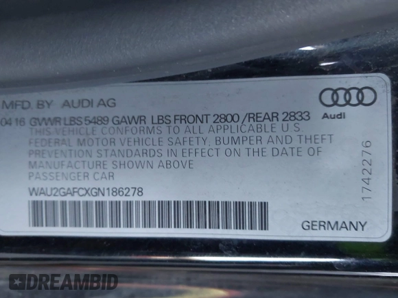 2016 Audi A7 Prestige with VIN WAU2GAFCXGN186278, listed as a IAAI auction lot 42040521 with 156,668 mi miles and . Bid and sale history available at DreamBid. Image 9.