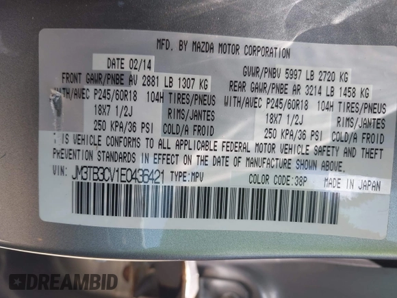 2014 Mazda CX-9 Touring with VIN JM3TB3CV1E0436421, listed as a IAAI auction lot 42634172 with 190,306 mi miles and . Bid and sale history available at DreamBid. Image 9.
