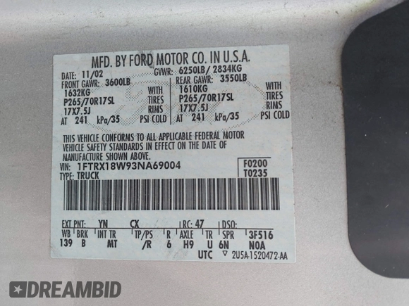 2003 Ford F-150 XL z VIN 1FTRX18W93NA69004, wystawiony jako IAAI lot #42154104 z przebiegiem 210 344 mil mil oraz . Historia ofert i sprzedaży dostępna na DreamBid. Obrazek 9.