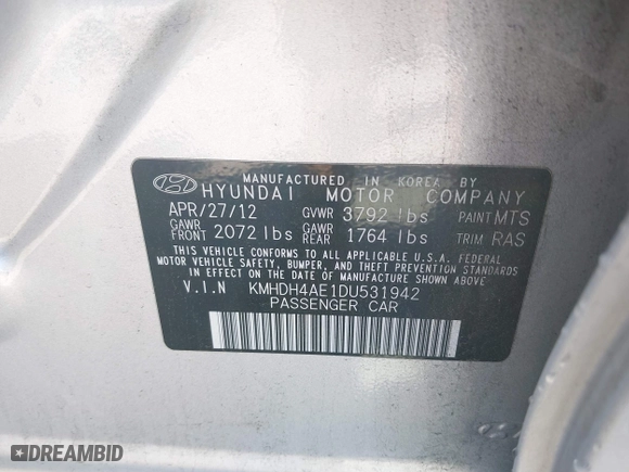 2013 Hyundai Elantra GLS PZEV with VIN KMHDH4AE1DU531942, listed as a IAAI auction lot 41802232 with 108,241 mi miles. Bid and sale history available at carsss.com. Image 9.