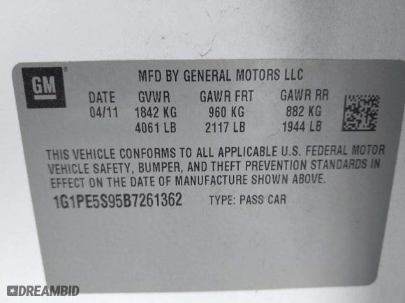 2011 Chevrolet Cruze LT w/1FL with VIN 1G1PE5S95B7261362, listed as a IAAI auction lot 41895718 with 163,626 mi miles. Bid and sale history available at carsss.com. Image 9.