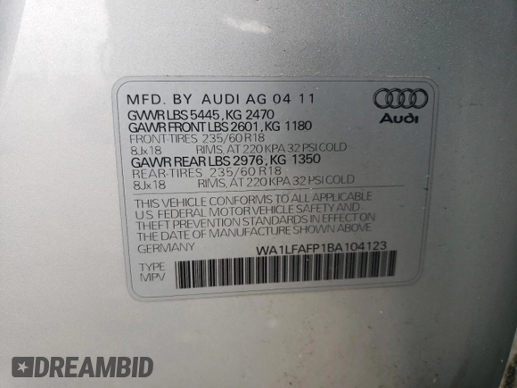 2011 Audi Q5 Premium Plus z VIN WA1LFAFP1BA104123, wystawiony jako Copart lot #56530895 z przebiegiem 153 958 mil mil oraz Szkoda całkowita • Salvage title. Historia ofert i sprzedaży dostępna na DreamBid. Obrazek 13.