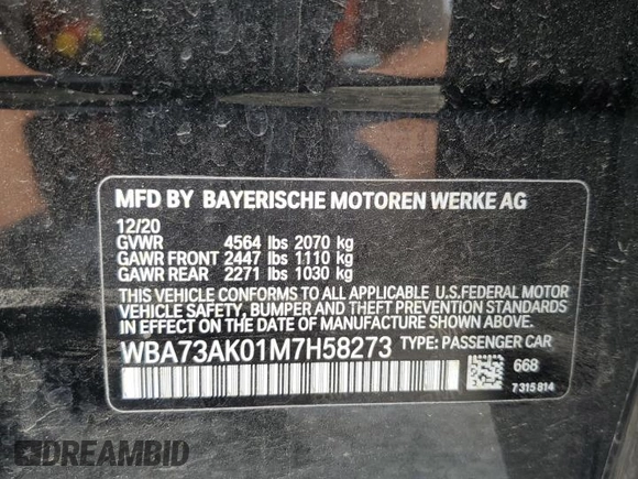 2021 BMW 2 Series 228i xDrive with VIN WBA73AK01M7H58273, listed as a Copart auction lot 62632195 with 87,708 mi miles and Salvage title. Bid and sale history available at DreamBid. Image 12.