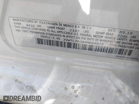 2010 Volkswagen Jetta TDI with VIN 3VWTL7AJ4AM669372, listed as a IAAI auction lot 42379252 with 214,274 mi miles and . Bid and sale history available at DreamBid. Image 9.