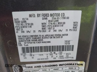 2014 Ford F-150 XL with VIN 1FTFW1ET3EFA92386, listed as a IAAI auction lot 42454065 with 283,399 mi miles and . Bid and sale history available at DreamBid. Image 9.
