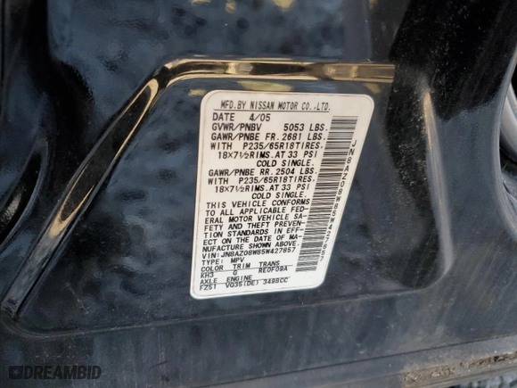 2005 Nissan Murano SL with VIN JN8AZ08W85W427857, listed as a Copart auction lot 83095514 with 199,260 mi miles and Salvage Title. Bid and sale history available at carsss.com. Image 14.