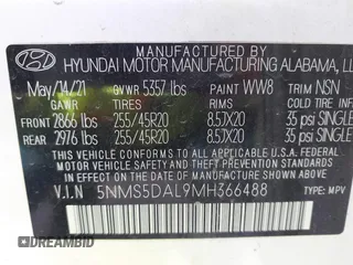 2021 Hyundai Santa Fe Calligraphy with VIN 5NMS5DAL9MH366488, listed as a IAAI auction lot 42084620 with Not provided miles and . Bid and sale history available at DreamBid. Image 9.