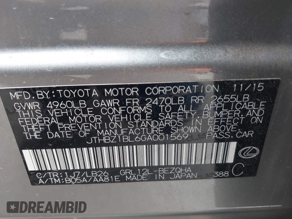 2016 Lexus GS 350 with VIN JTHBZ1BL6GA001569, listed as a IAAI auction lot 41809414 with 46,798 mi miles. Bid and sale history available at carsss.com. Image 9.