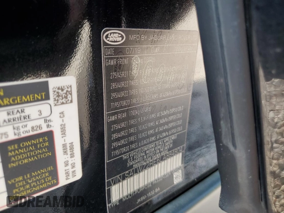 2020 Land Rover Range Rover Sport SVR z VIN SALWZ2RE6LA884804, wystawiony jako Copart lot #53947675 z przebiegiem 67 930 mil mil oraz Szkoda całkowita • Salvage title. Historia ofert i sprzedaży dostępna na DreamBid. Obrazek 14.