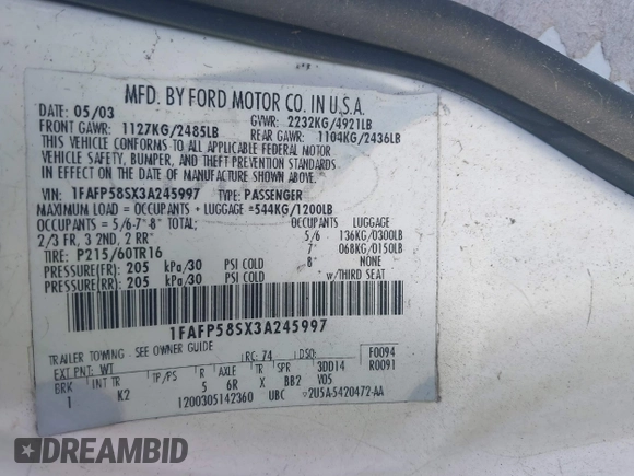 2003 Ford Taurus SE with VIN 1FAFP58SX3A245997, listed as a IAAI auction lot 42520332 with 140,937 mi miles and . Bid and sale history available at DreamBid. Image 9.