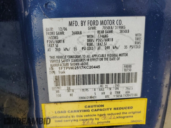 2007 Ford F-150 XLT with VIN 1FTPW02517KC20445, listed as a Copart auction lot 64769485 with 155,025 mi miles and Clean title. Bid and sale history available at DreamBid. Image 12.