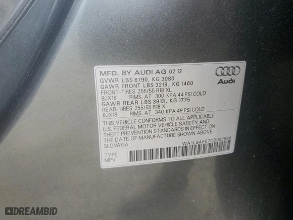 2012 Audi Q7 3.0T Premium Plus with VIN WA1LGAFE7CD007696, listed as a Copart auction lot 46757885 with 96,574 mi miles and Salvage Title. Bid and sale history available at carsss.com. Image 14.