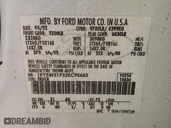 2002 Ford F-350 XL with VIN 1FTSW31F52EC95663, listed as a Copart auction lot 61106125 with Not provided miles and Salvage title. Bid and sale history available at DreamBid. Image 12.