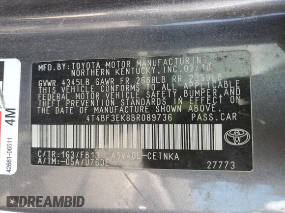 2011 Toyota Camry LE with VIN 4T4BF3EK8BR089736, listed as a Copart auction lot 59197345 with 299,083 mi miles and Non repairable. Bid and sale history available at DreamBid. Image 12.