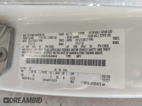 2016 Ford Escape SE with VIN 1FMCU9GX9GUC62462, listed as a IAAI auction lot 39999808 with Not Provided miles. Bid and sale history available at carsss.com. Image 9.
