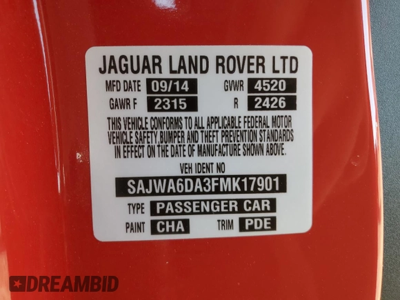2015 Jaguar F-Type R z VIN SAJWA6DA3FMK17901, wystawiony jako Copart lot #78540084 z przebiegiem Nie podano mil oraz Szkody całkowita. Historia ofert i sprzedaży dostępna na DreamBid. Obrazek 13.