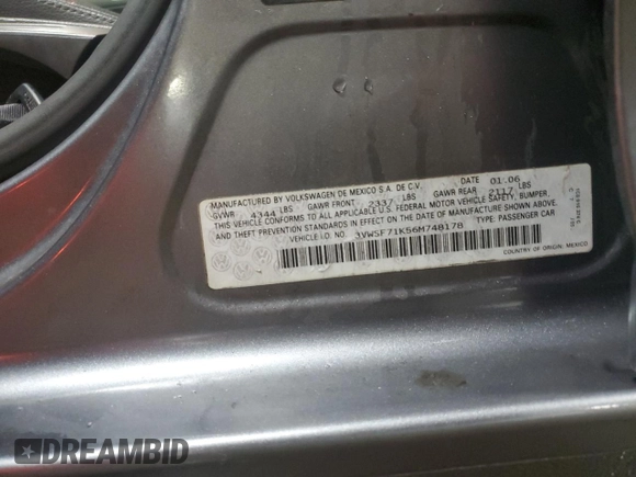 2006 Volkswagen Jetta 2.5L with VIN 3VWSF71K56M748178, listed as a Copart auction lot 44041355 with 80,058 mi miles and Salvage title. Bid and sale history available at DreamBid. Image 12.