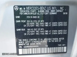 1999 Mercedes-Benz M-Class with VIN 4JGAB54E6XA144914, listed as a IAAI auction lot 42072406 with 125,901 mi miles. Bid and sale history available at carsss.com. Image 9.