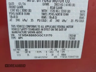 2016 Ford Explorer z VIN 1FM5K8B85GGC13170, wystawiony jako Copart lot #61250345 z przebiegiem 34 364 mil mil oraz Szkoda całkowita • Salvage title. Historia ofert i sprzedaży dostępna na DreamBid. Obrazek 13.